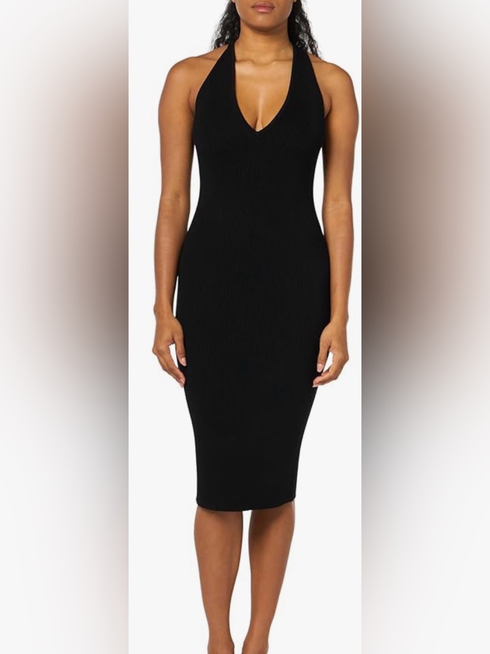 Club Monaco Black Ribbed Midi Dress V-Neck Bodycon Sz M